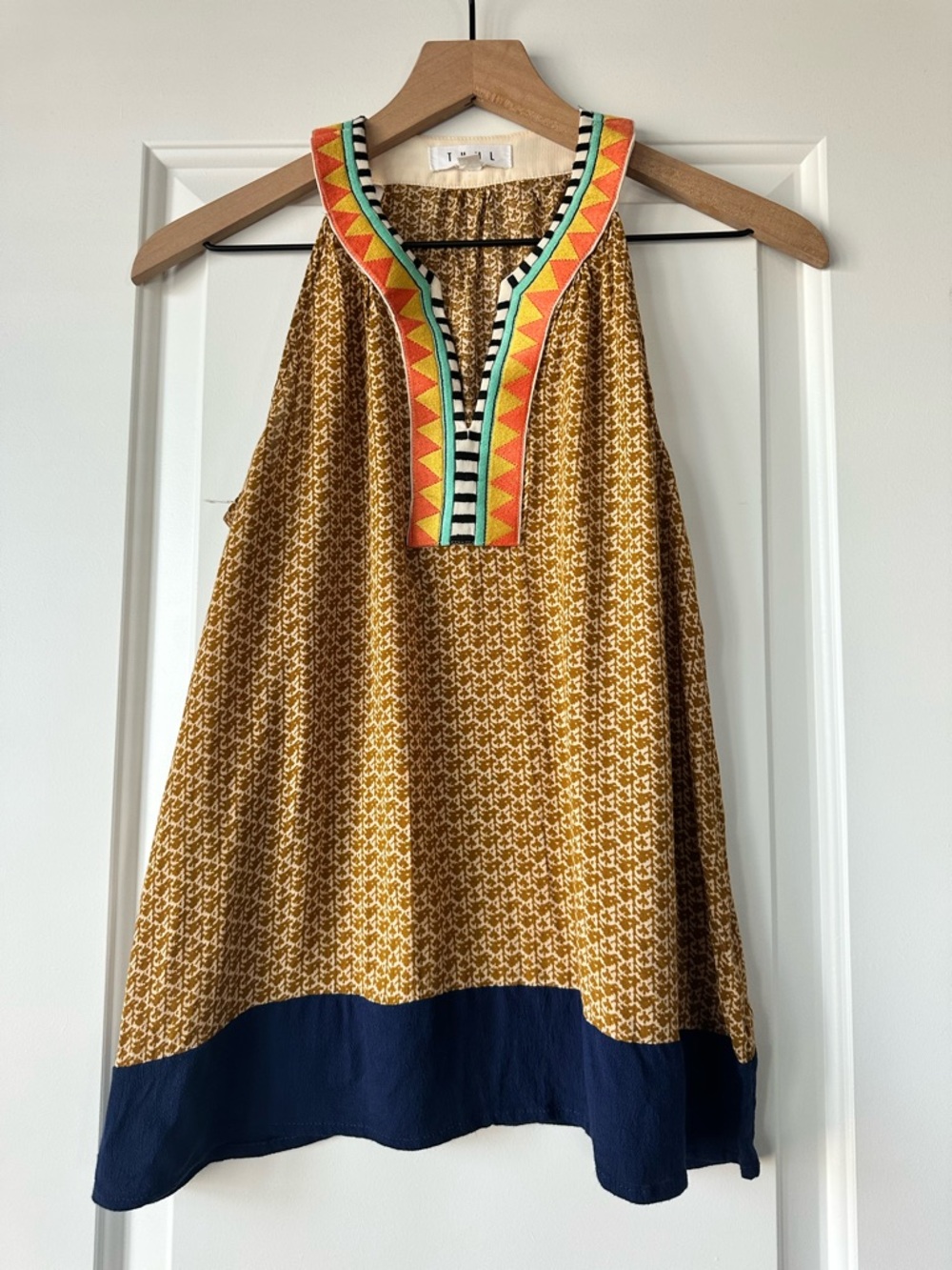 THML Mustard Printed Halter Tank with Embroidered Trim
